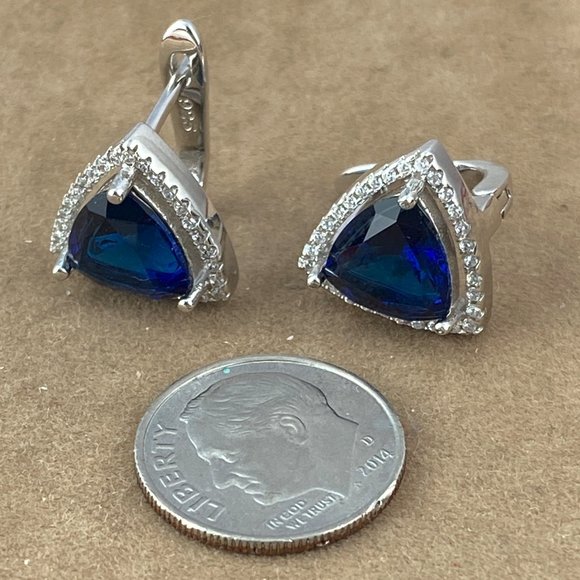 Exciting Blue Sapphire Trillion Cut Hinged Hoop with Post Earrings - Picture 3 of 5